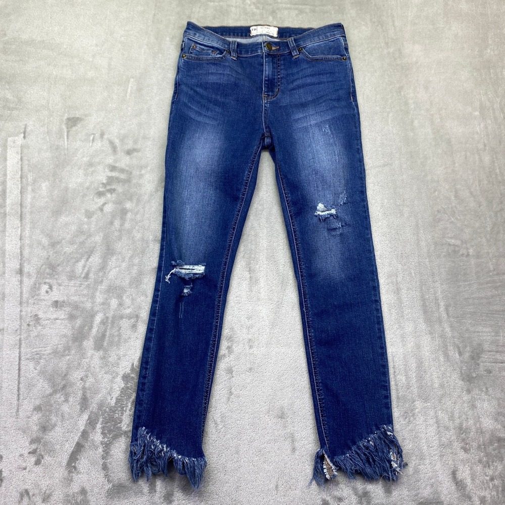 Free‎ People Great Heights Distressed Skinny Jeans Blue Fringe Raw Hem Size 26